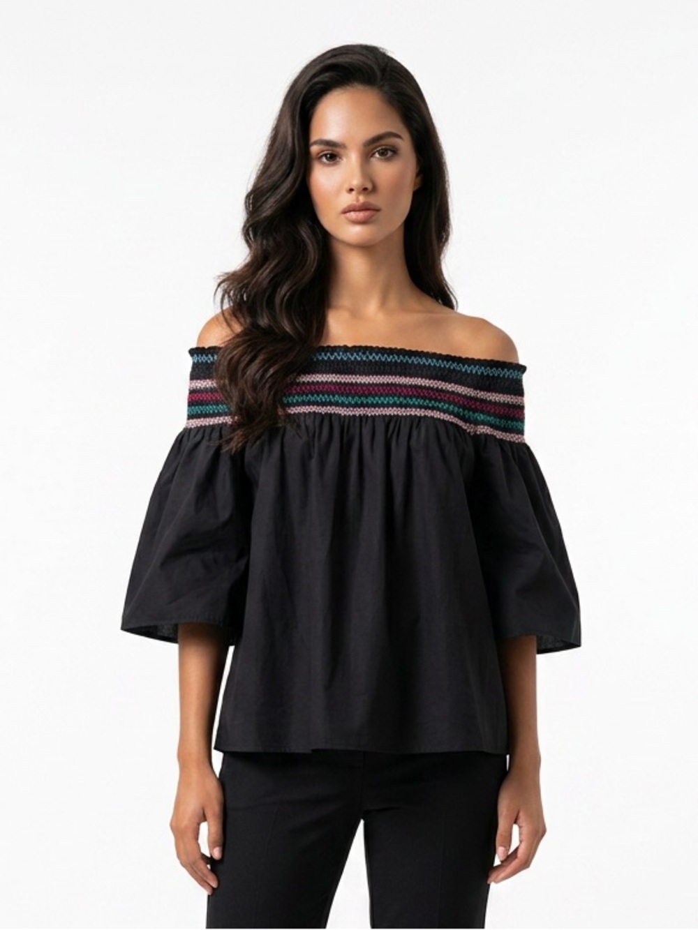 Parker Off Shoulder Embroidered Peasant Blouse Black Size S